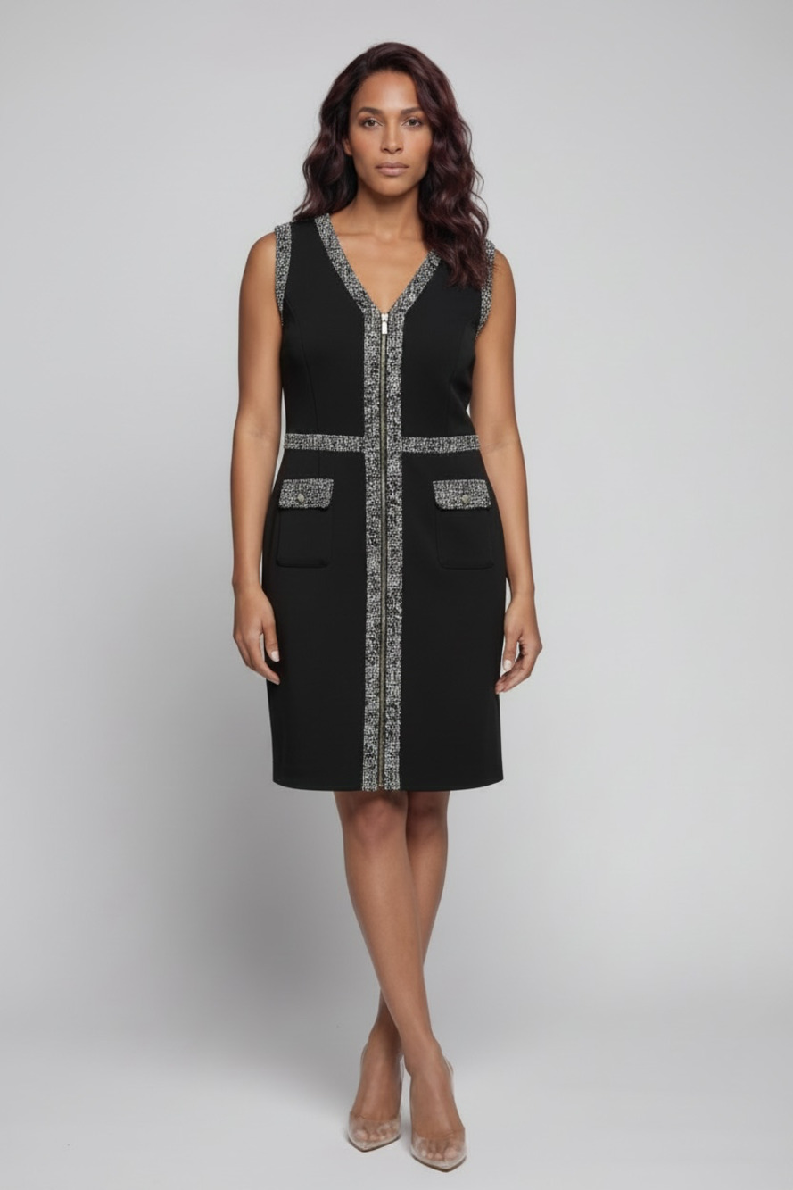 Karl Lagerfeld Paris Sleeveless Zip-Front Tweed Trim Sheath Dress